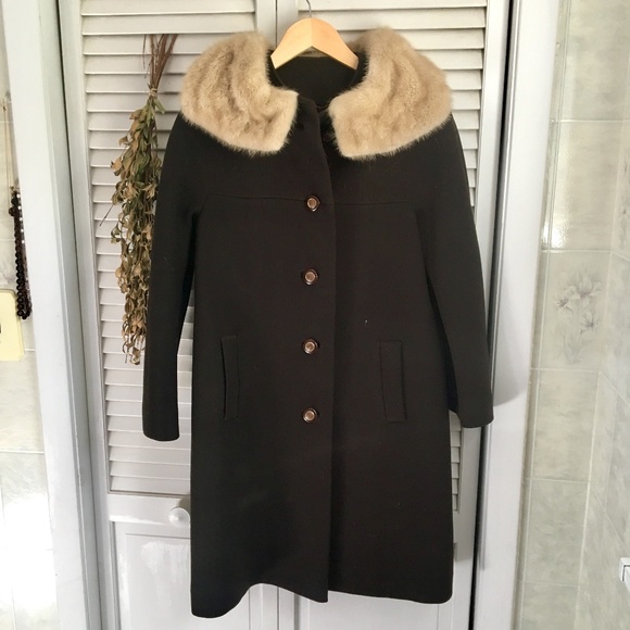 {Vintage} Fur Collar 60's Style Wool Button Coat 4 - Picture 1 of 8